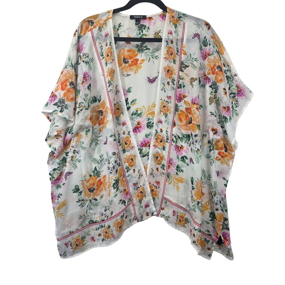 Torrid Floral Butterfly Kimono Wrap White Orange Chiffon Plus Sz 10 L Sheer Boho